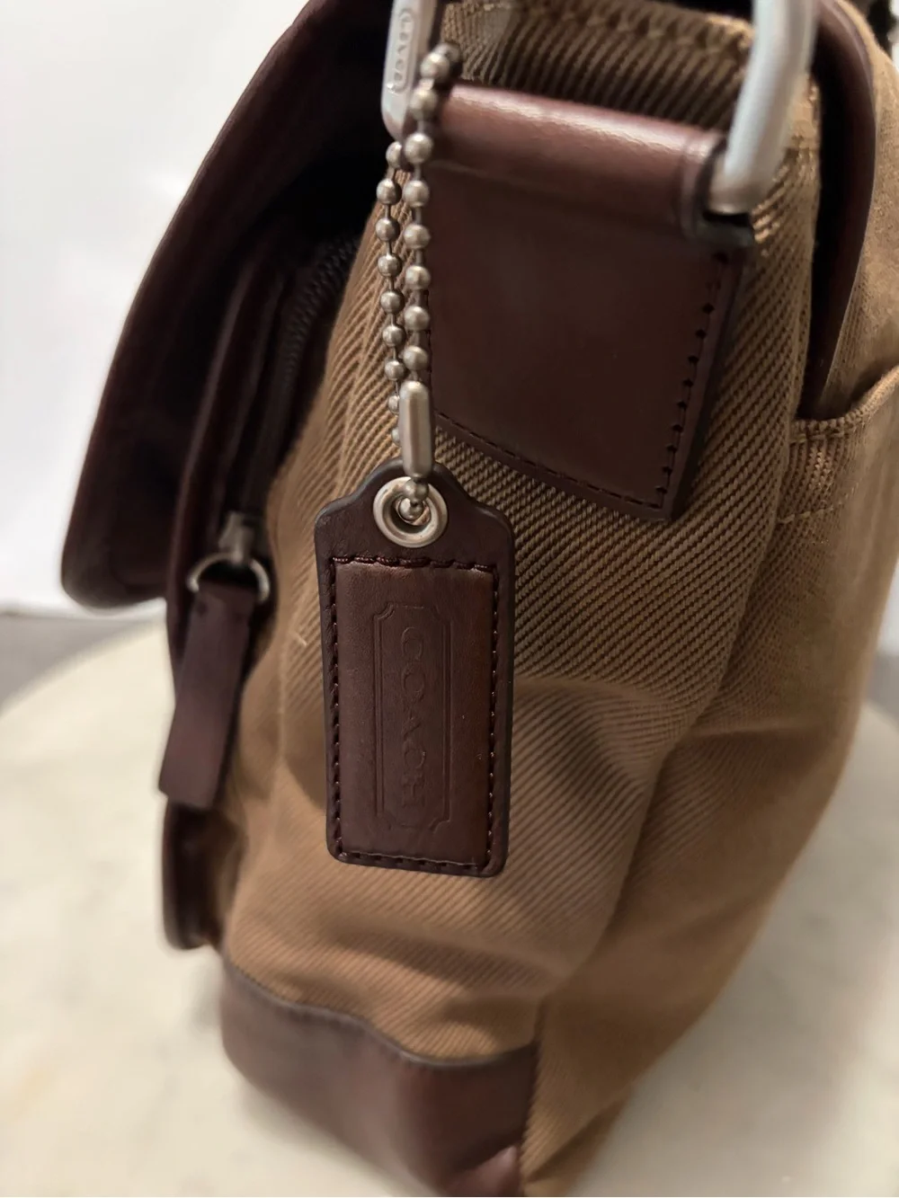 COACH Essex Canvas Crossbody Messenger Bag F70677 w/ Leather Trim Khaki Brown